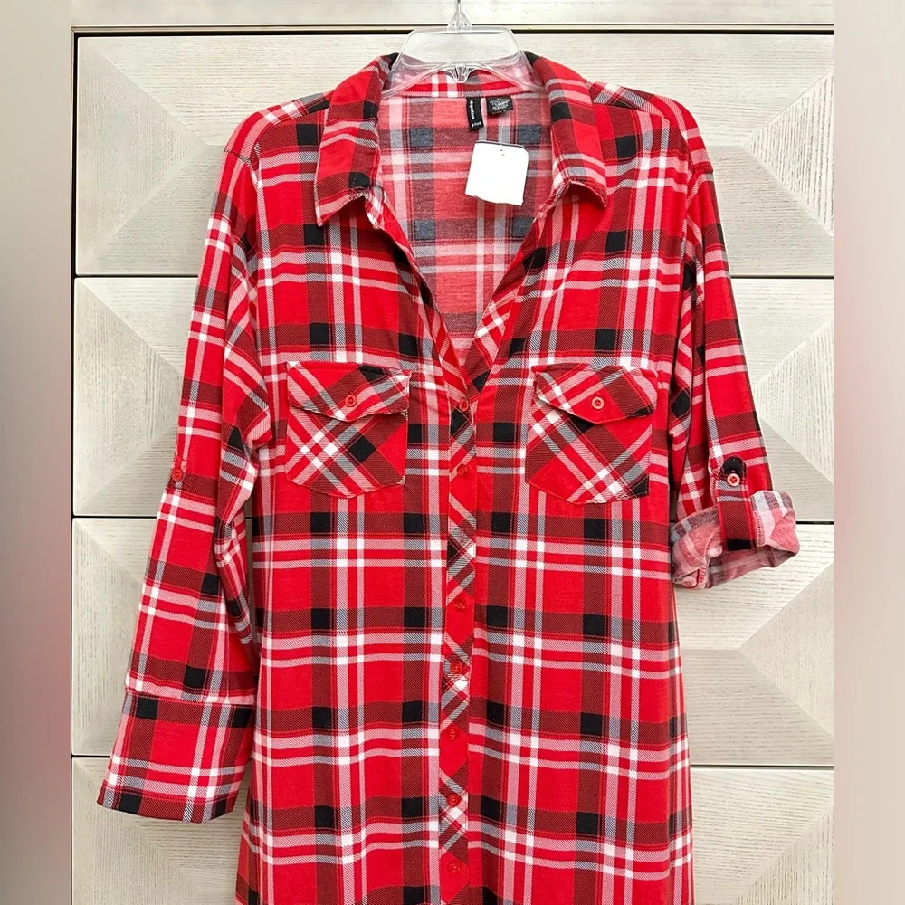 Next Question Red and Black Plaid Shirt Dress - Size 3X - Picture 3 of 5